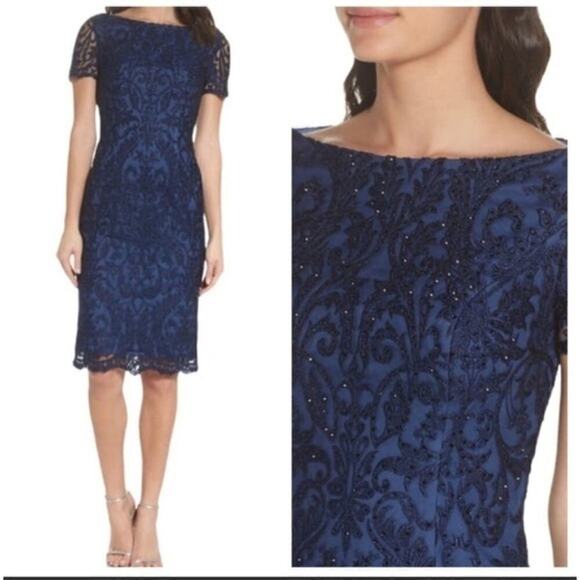 La Femme Beaded Lace Cocktail Dress in Slate Blue 8 25633 NWT Mother of Bride - Picture 2 of 13